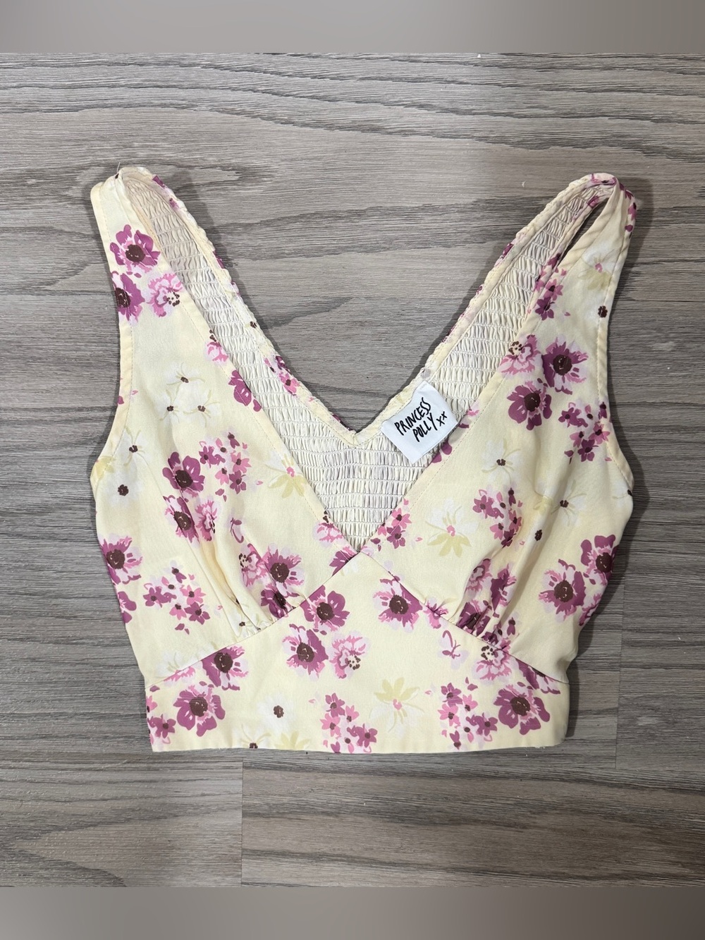 Princess Polly Floral Smocked Crop Top Yellow Pink Cottagecore US 0